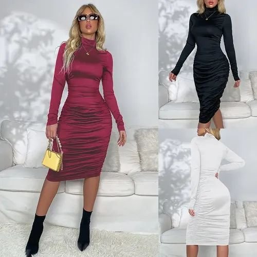 VESTIDO SUPLEX FRUNCIDO MANGAS LARGAS  9540
