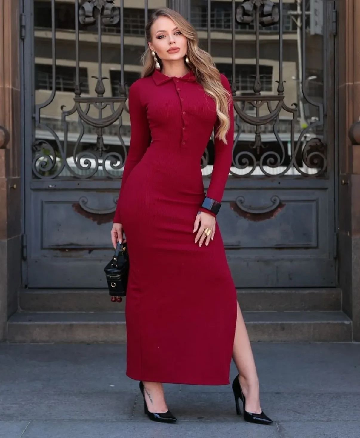 Vestido crepe largo con botones 9575